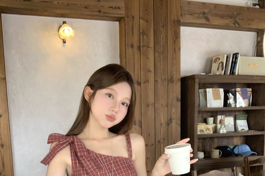 Plaid Bow Peplum Blouse with Faux Leather Belt