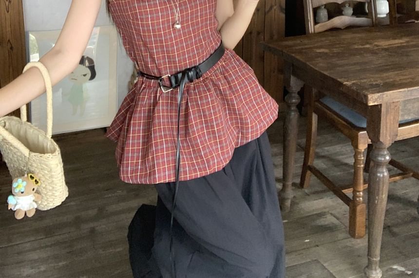 Plaid Bow Peplum Blouse with Faux Leather Belt