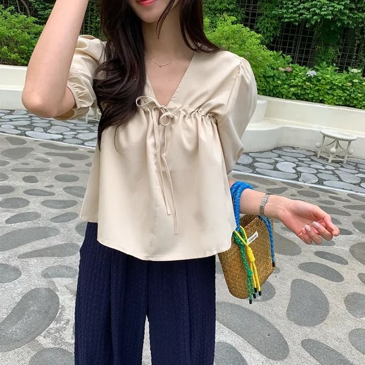 Plain V-Neck Short-Sleeve Blouse