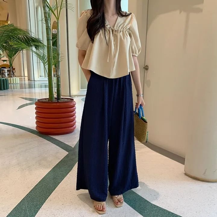 Plain V-Neck Short-Sleeve Blouse