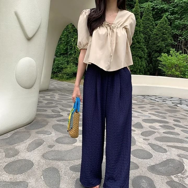 Plain V-Neck Short-Sleeve Blouse