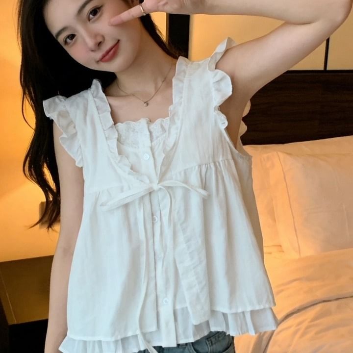 Ruffle Mock Two-Piece Sleeveless Blouse