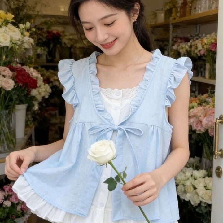 Ruffle Mock Two-Piece Sleeveless Blouse