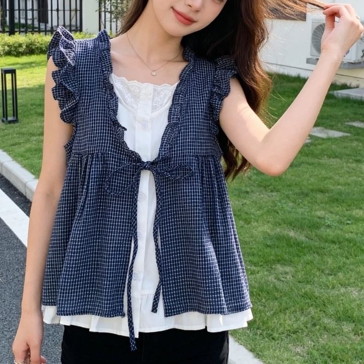 Ruffle Mock Two-Piece Sleeveless Blouse
