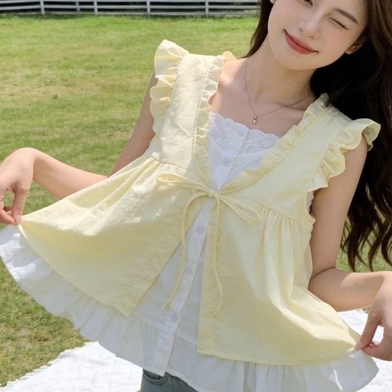 Ruffle Mock Two-Piece Sleeveless Blouse