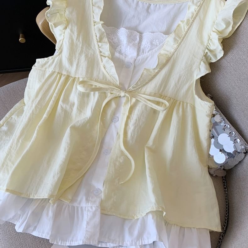 Ruffle Mock Two-Piece Sleeveless Blouse