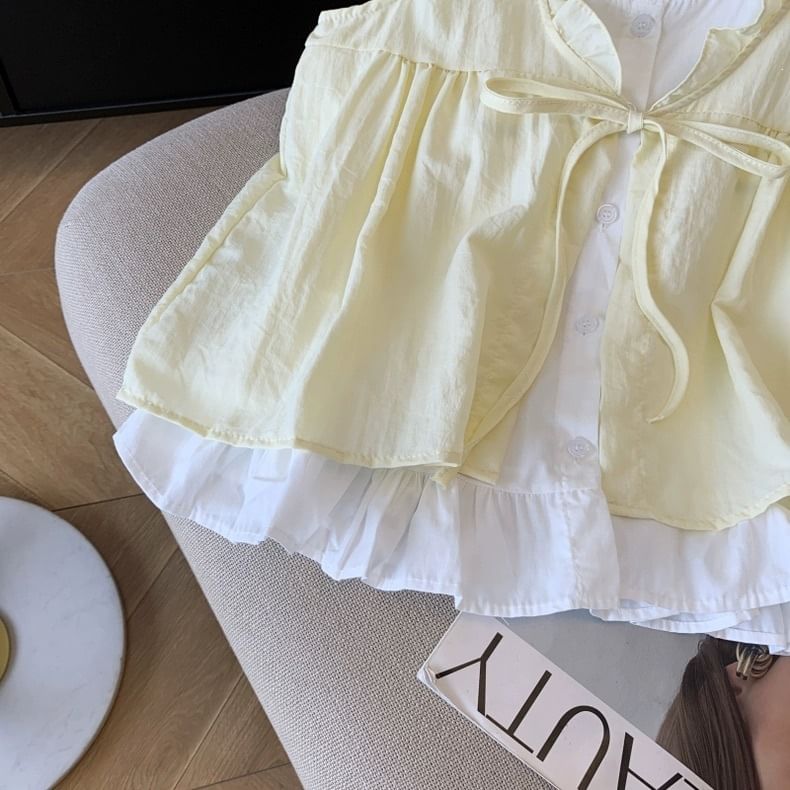 Ruffle Mock Two-Piece Sleeveless Blouse
