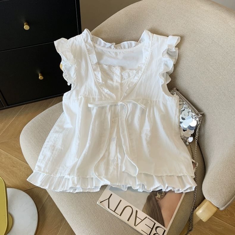Ruffle Mock Two-Piece Sleeveless Blouse