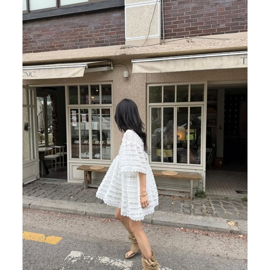 Dotted Lace Trim Ruffle Square Neck Blouse