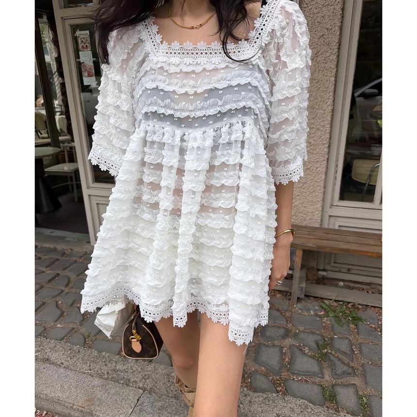 Dotted Lace Trim Ruffle Square Neck Blouse