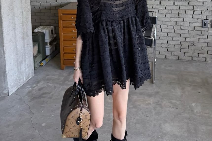 Dotted Lace Trim Ruffle Square Neck Blouse