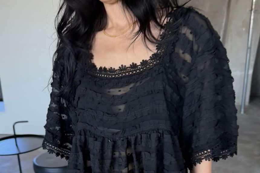 Dotted Lace Trim Ruffle Square Neck Blouse
