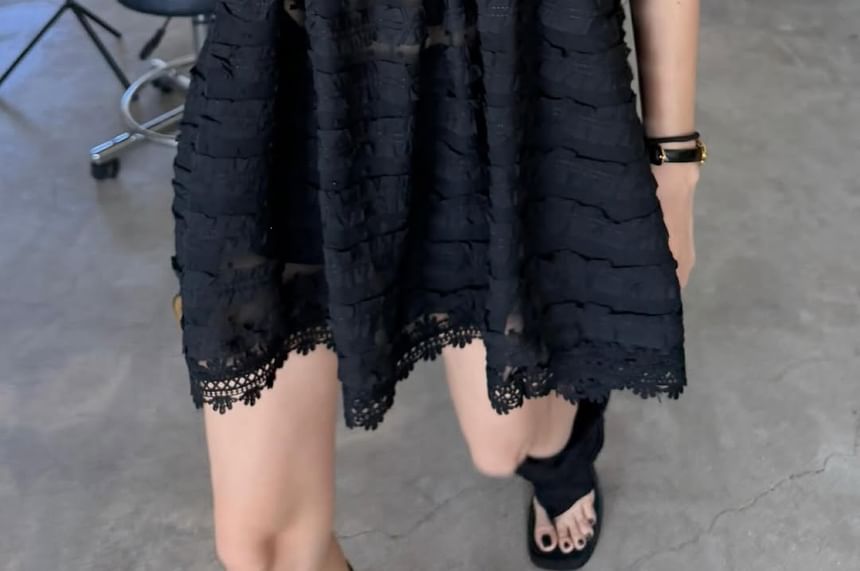 Dotted Lace Trim Ruffle Square Neck Blouse