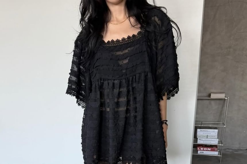 Dotted Lace Trim Ruffle Square Neck Blouse
