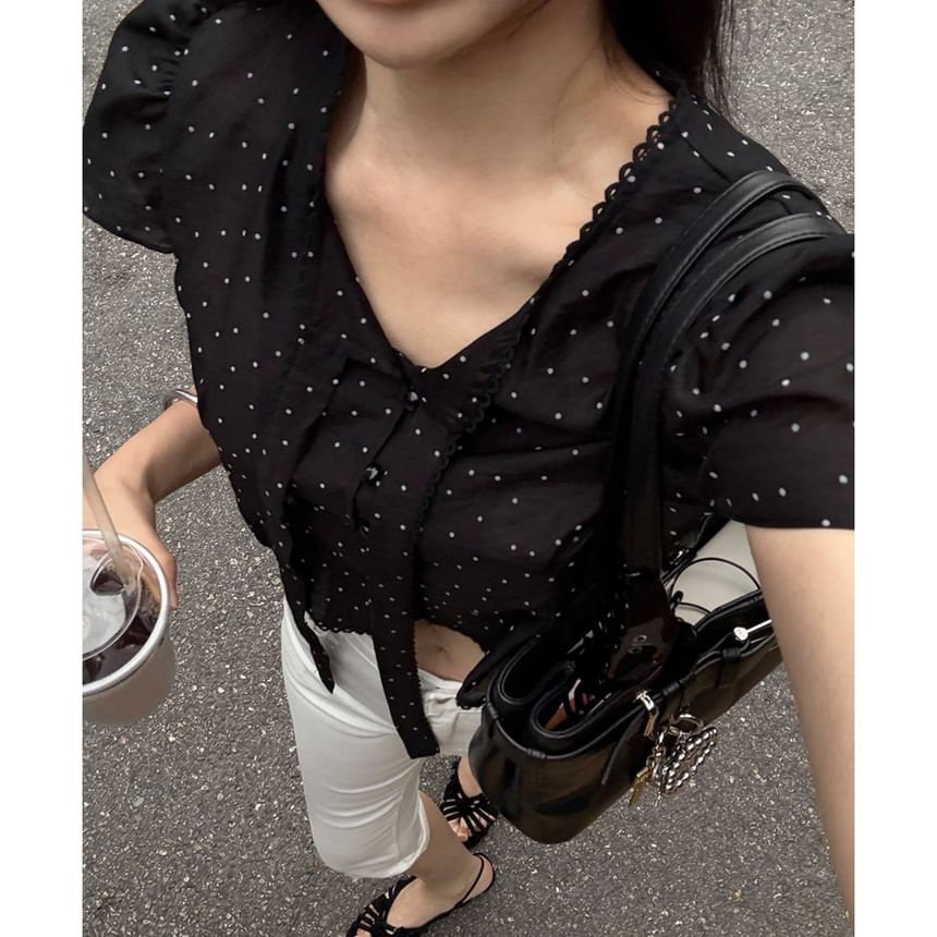 Polka Dot Tie-Neck Short-Sleeve Blouse