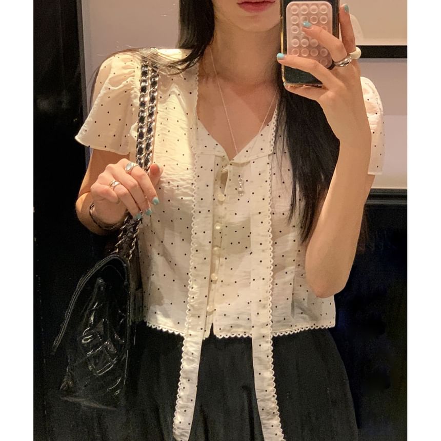 Polka Dot Tie-Neck Short-Sleeve Blouse