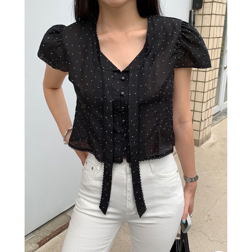 Polka Dot Tie-Neck Short-Sleeve Blouse