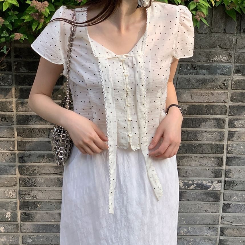 Polka Dot Tie-Neck Short-Sleeve Blouse