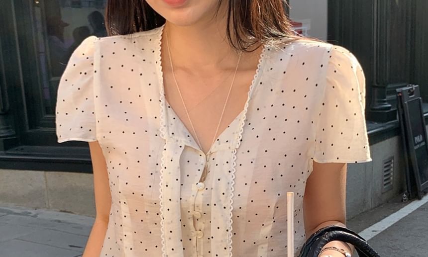 Polka Dot Tie-Neck Short-Sleeve Blouse
