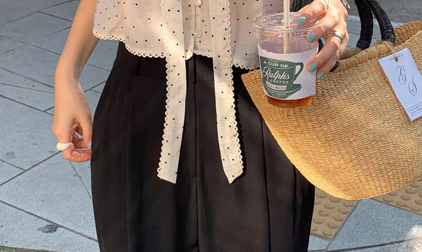Polka Dot Tie-Neck Short-Sleeve Blouse