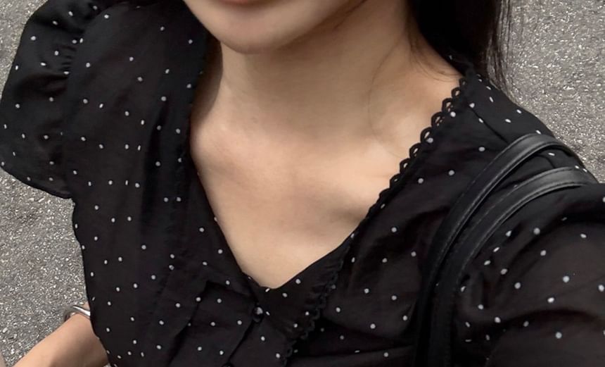 Polka Dot Tie-Neck Short-Sleeve Blouse