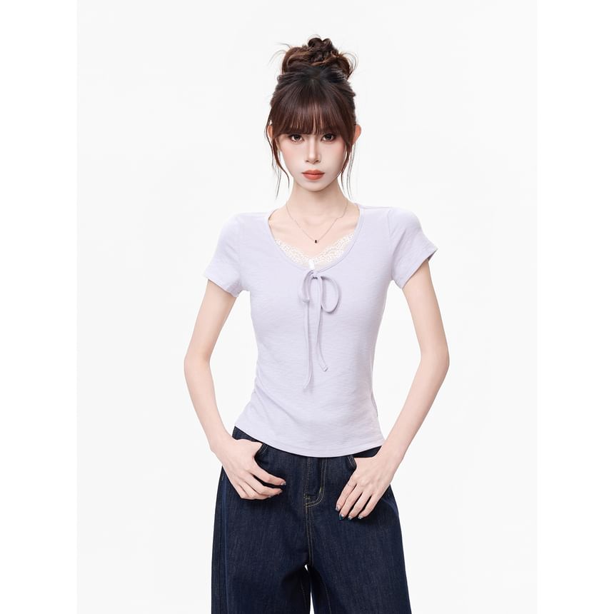 Lace Trim V-Neck Short-Sleeve Top