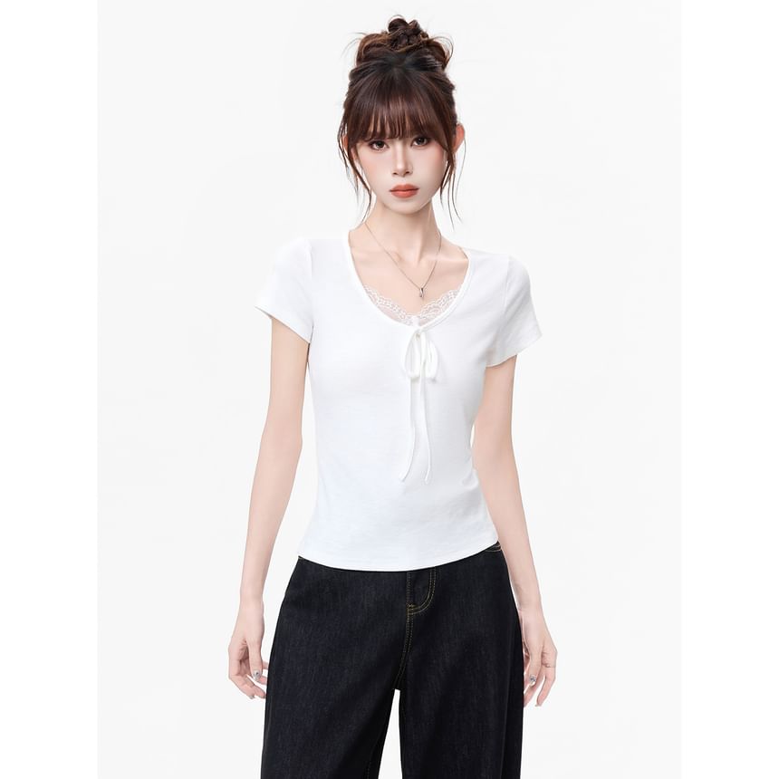 Lace Trim V-Neck Short-Sleeve Top