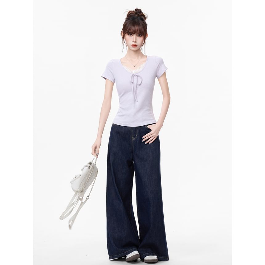 Lace Trim V-Neck Short-Sleeve Top