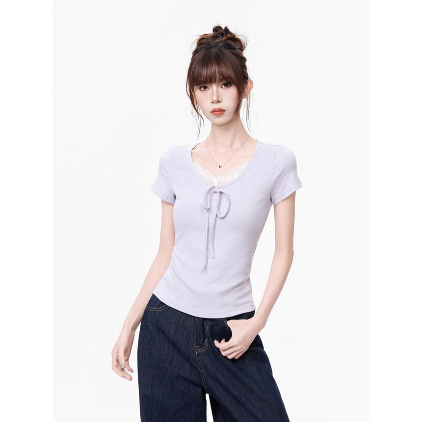 Lace Trim V-Neck Short-Sleeve Top