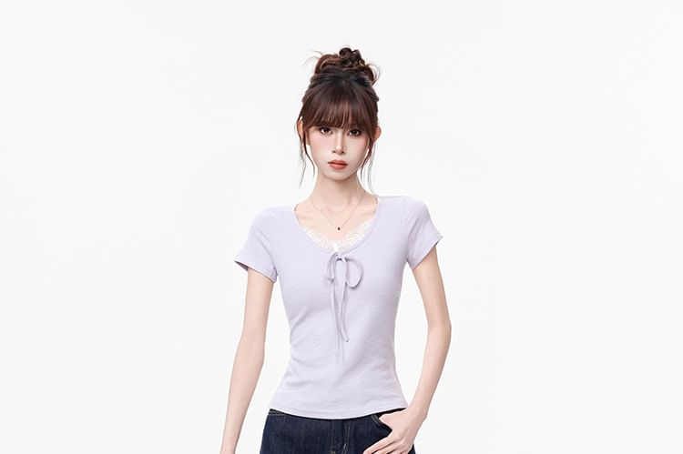 Lace Trim V-Neck Short-Sleeve Top