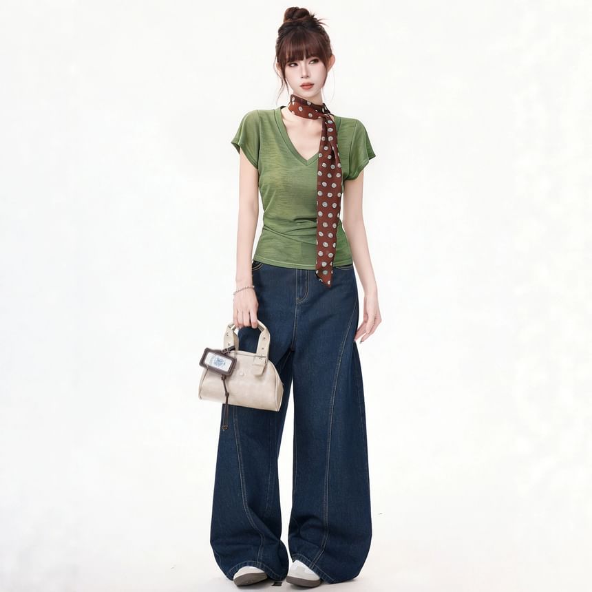 V-Neck Plain Top with Dotted Twilly Set
