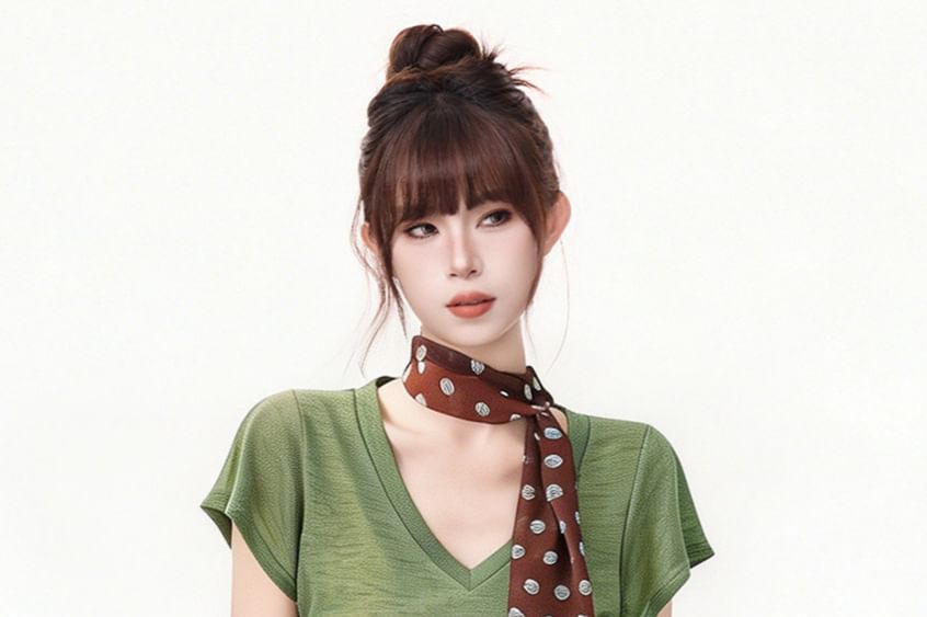 V-Neck Plain Top with Dotted Twilly Set