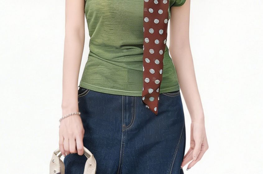 V-Neck Plain Top with Dotted Twilly Set