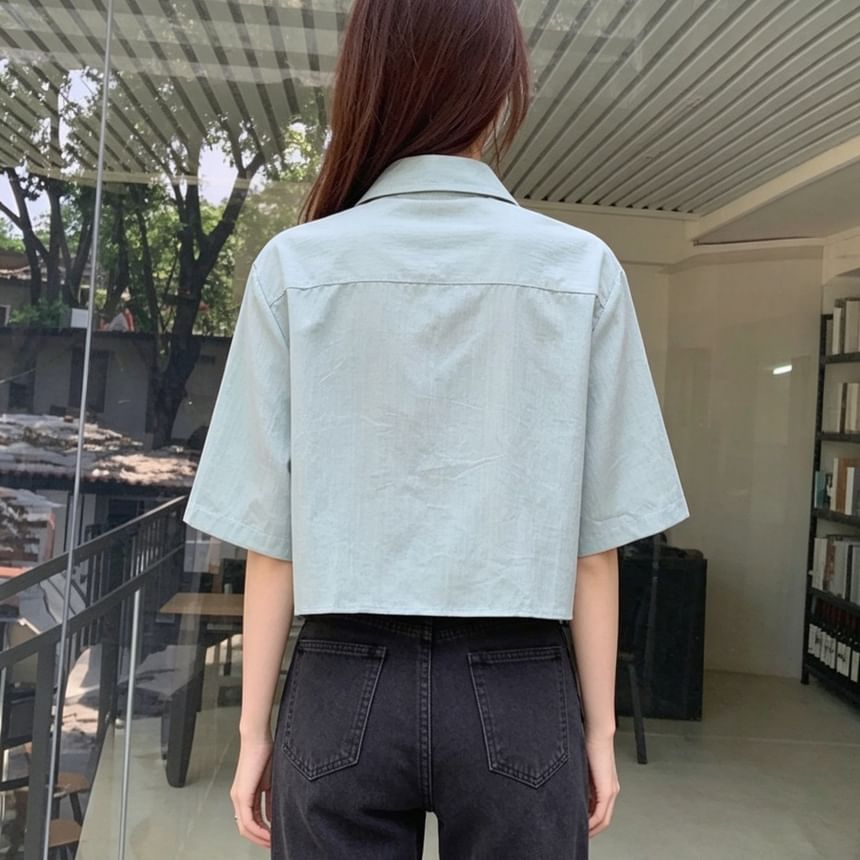 Plain Button-Up Elbow-Sleeve Crop Shirt