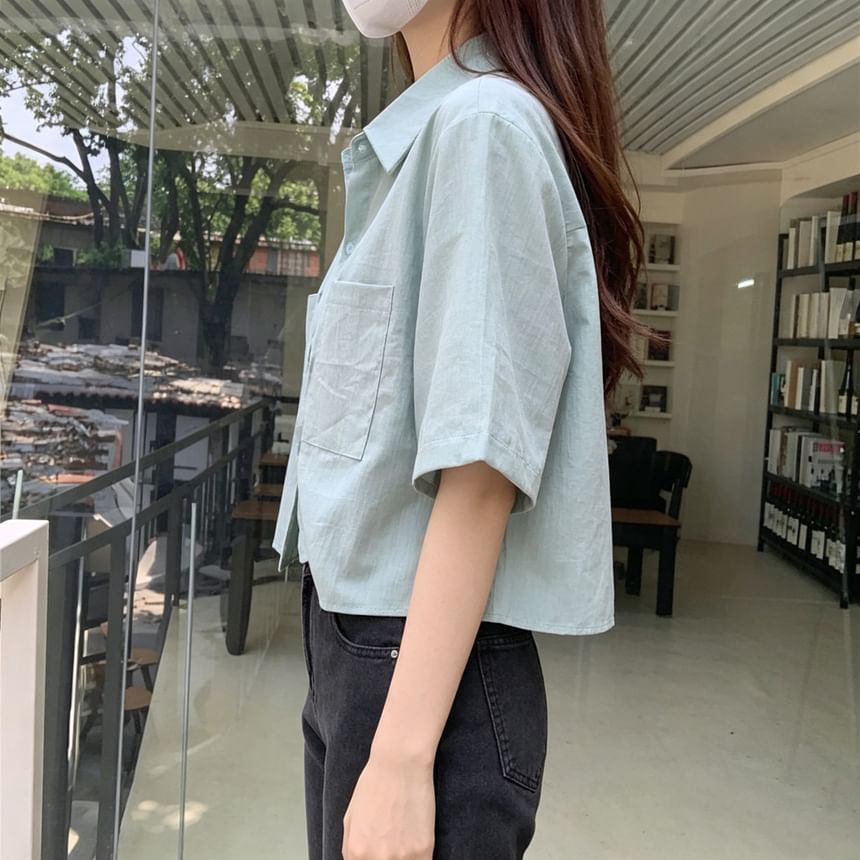 Plain Button-Up Elbow-Sleeve Crop Shirt