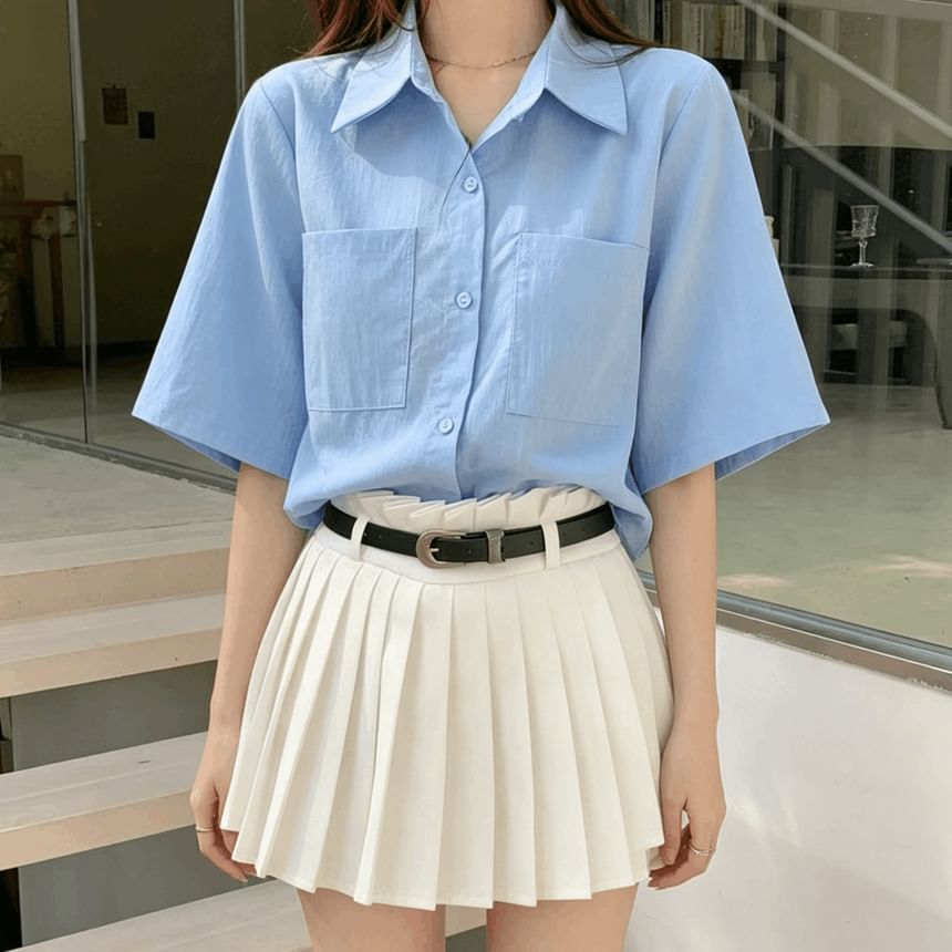 Plain Button-Up Elbow-Sleeve Crop Shirt