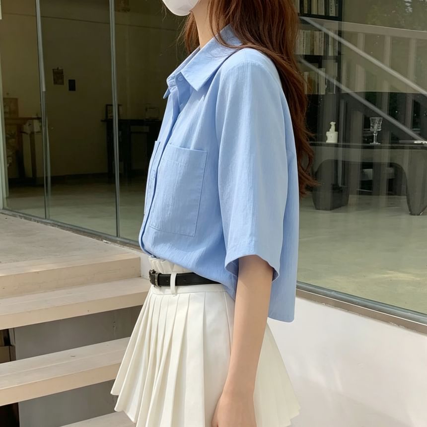 Plain Button-Up Elbow-Sleeve Crop Shirt