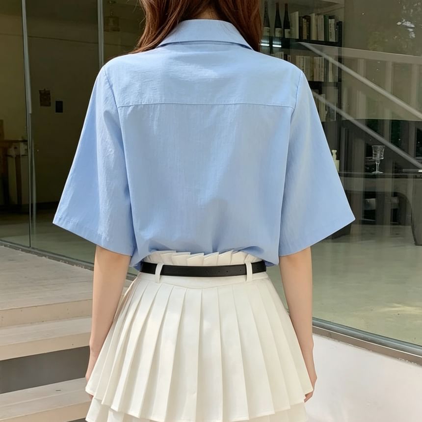Plain Button-Up Elbow-Sleeve Crop Shirt