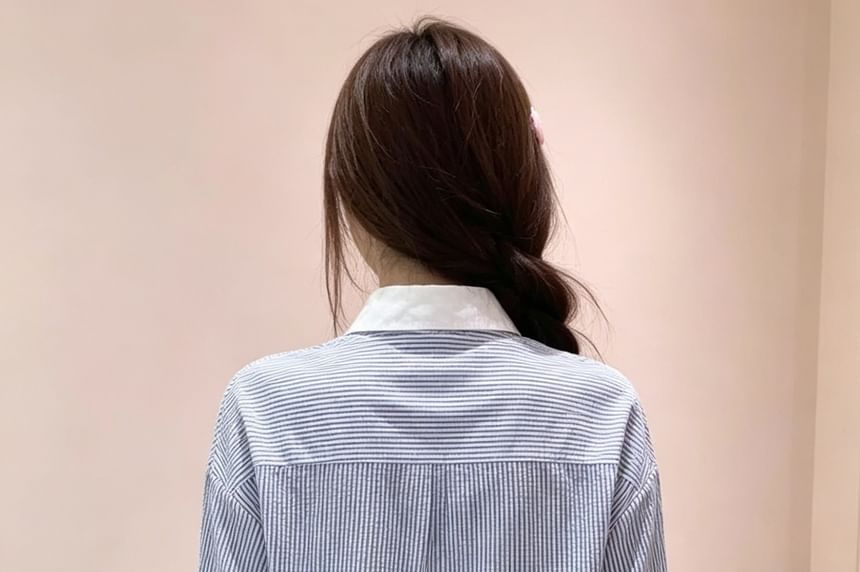 Striped Lace Trim Button-Up Crop Shirt