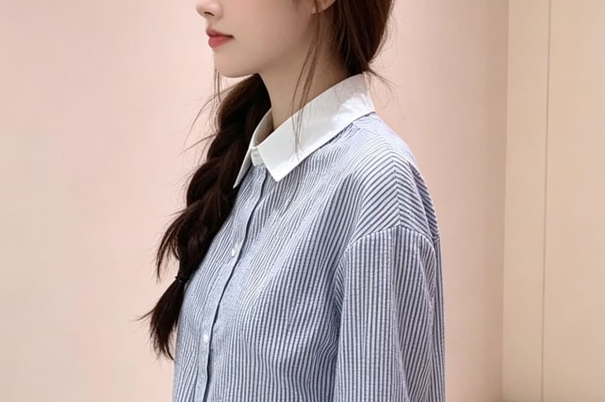 Striped Lace Trim Button-Up Crop Shirt