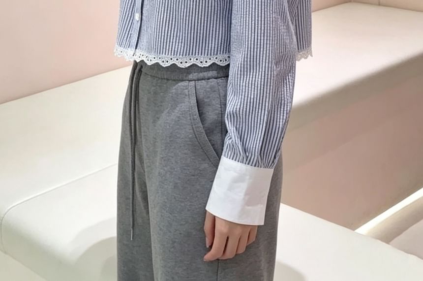 Striped Lace Trim Button-Up Crop Shirt