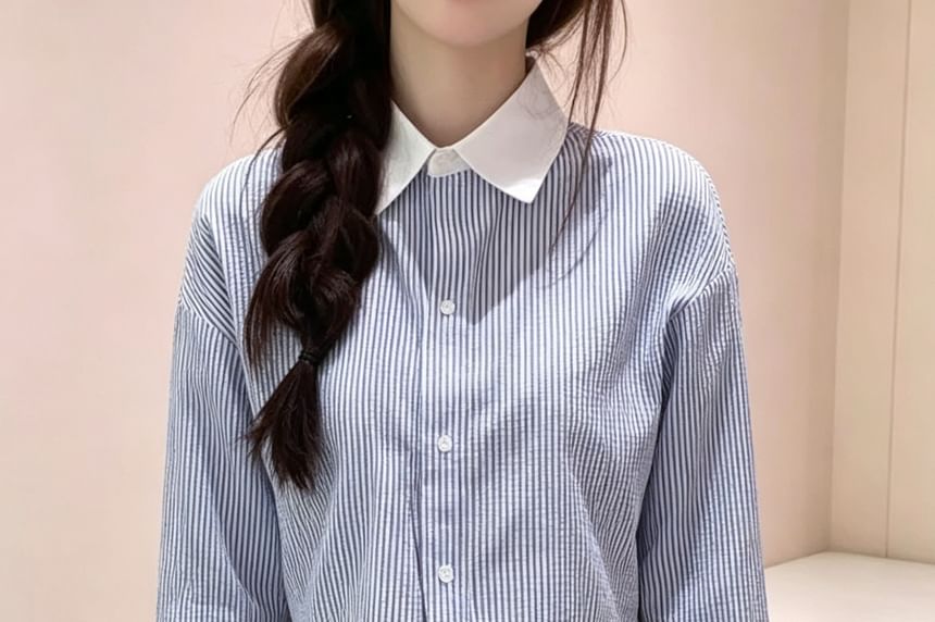 Striped Lace Trim Button-Up Crop Shirt
