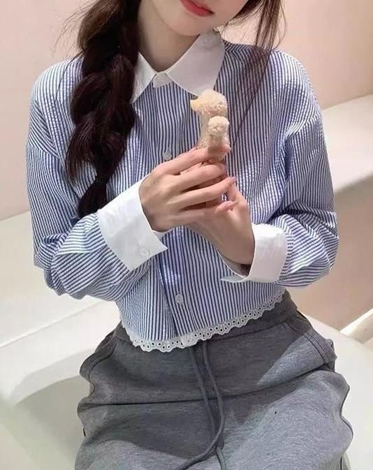 Striped Lace Trim Button-Up Crop Shirt