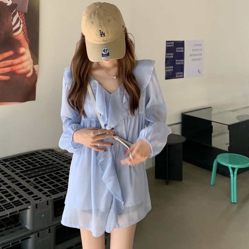 Ruffle Trim V-Neck Blouse with Camisole Set