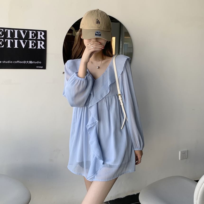 Ruffle Trim V-Neck Blouse with Camisole Set