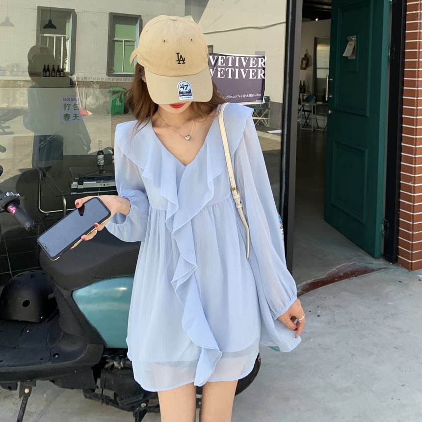Ruffle Trim V-Neck Blouse with Camisole Set