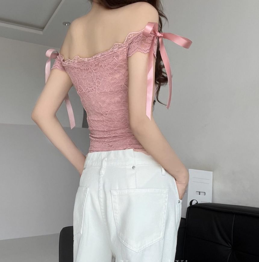 Bow Lace Off-Shoulder Sleeveless Top