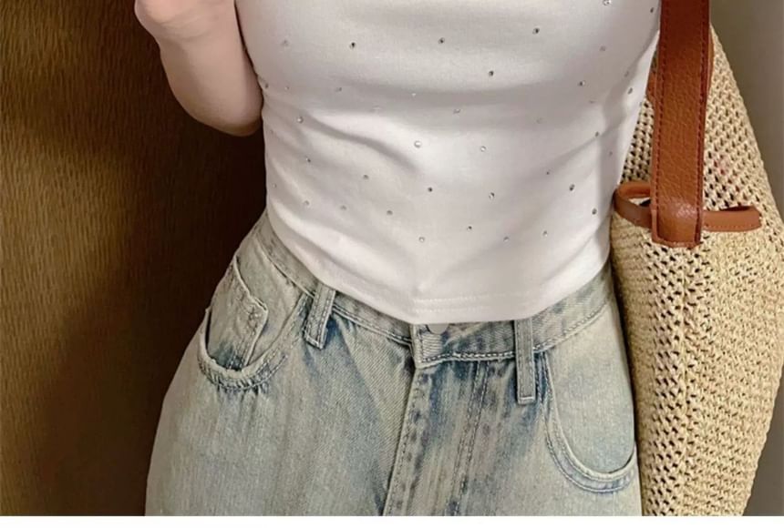 Rhinestone Scoop Neck Short Sleeve Tee