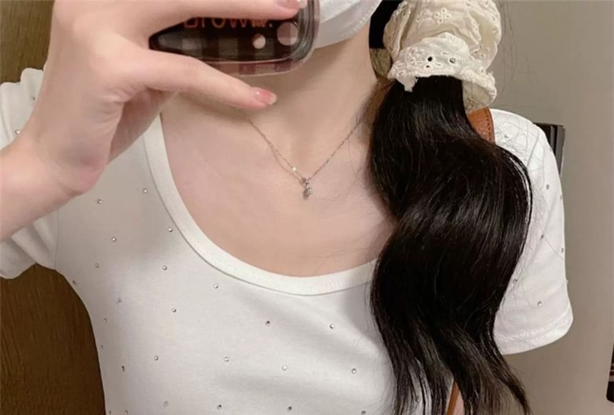 Rhinestone Scoop Neck Short Sleeve Tee