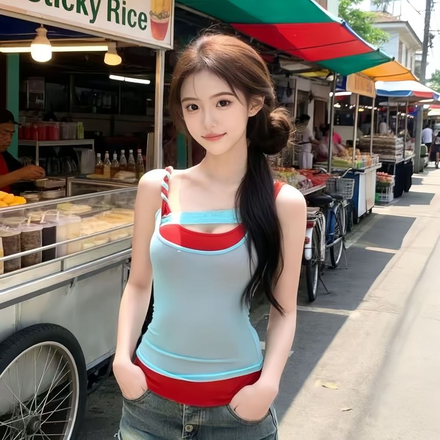 Mock Two Piece Panel Lace Scoop Neck Tank